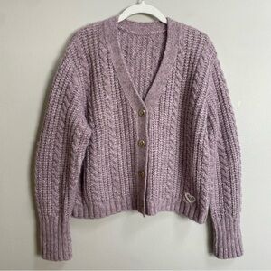 Lavender Mauve V-Neck Cable-Knit Embroidered Heart Cardigan Sweater Size Medium